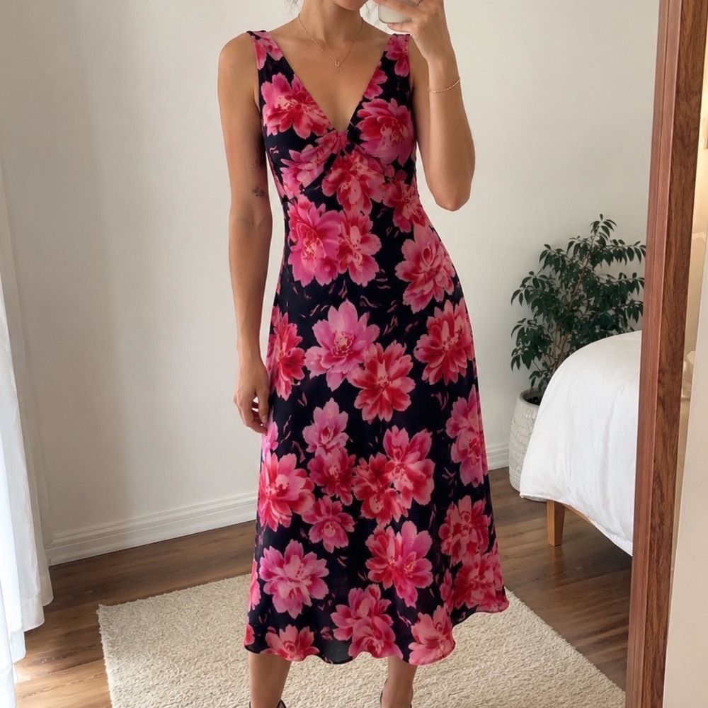VTG Floral whimsigoth fairy‎ silky black pink deep v midi dress cottagecore